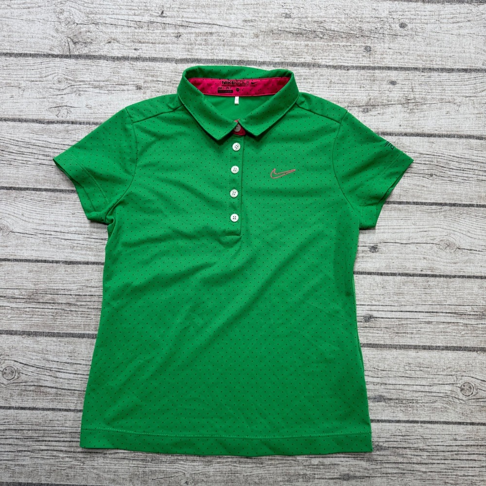 Nike Golf Polo Shirt Women's Medium Green Polka Dot Dri-FIT Short Sleeve Preppy